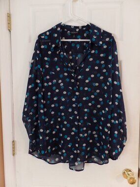 Lane Bryant 18/20 18W Navy Blue Polka Dot Button Down Sheer Blouse Aqua White